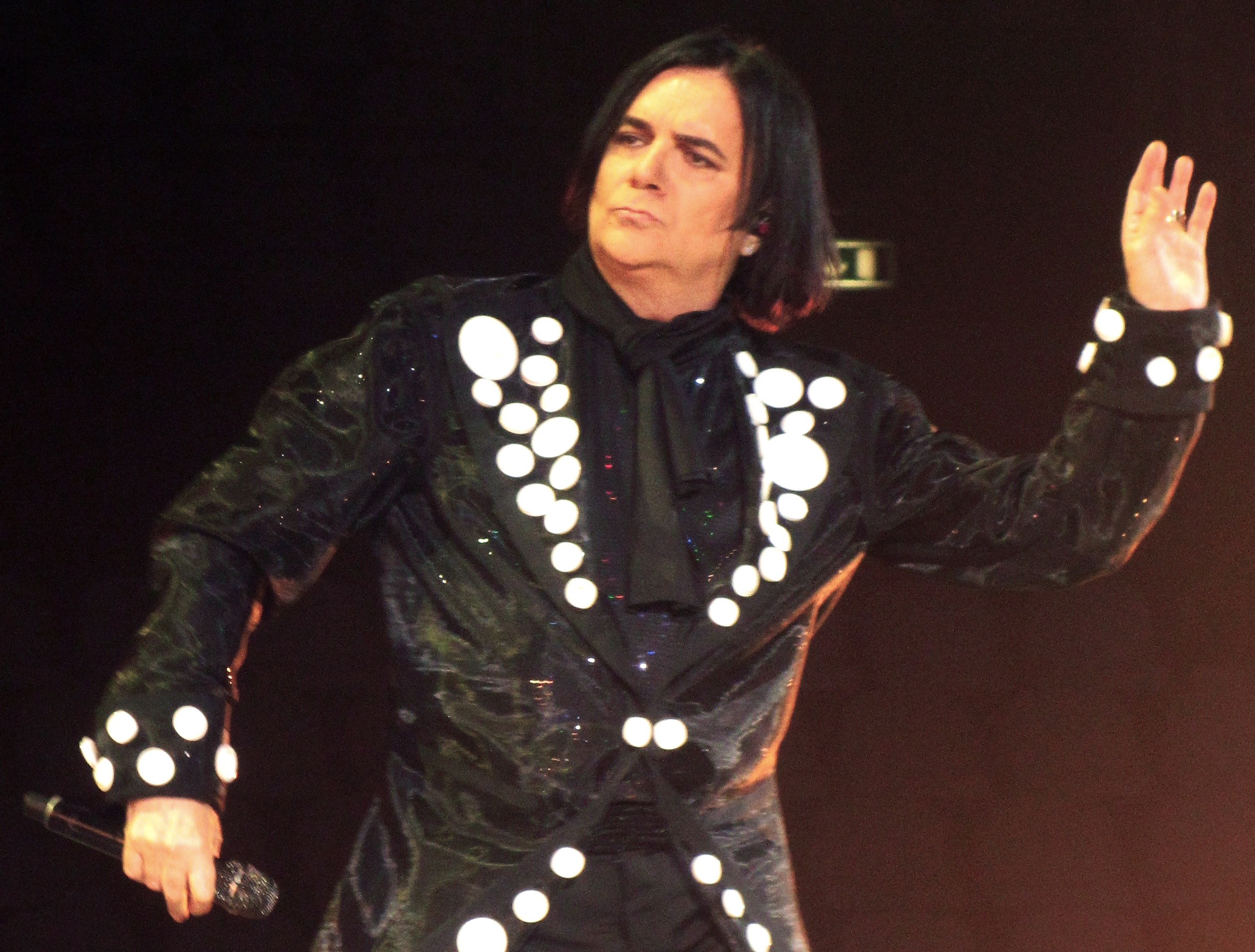 Renato Zero sul palco durante un concerto nel 2013, con un braccio alzato